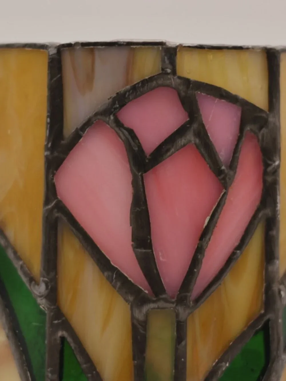 Vintage stained glass votive candle holder pink tulip design, art nouveau, textu